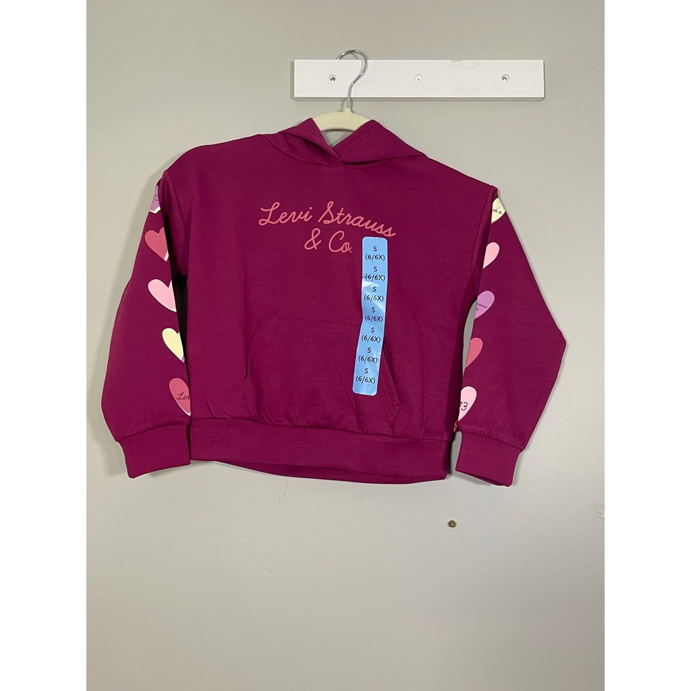 NWT Levi's Hoodie Girls S 6/6X Raspberry Radiance Heart Sleeve Logo Pullover